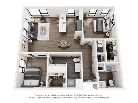 A 3D floor plan of a small apartment with a kitchen, living room, and bedrooms.